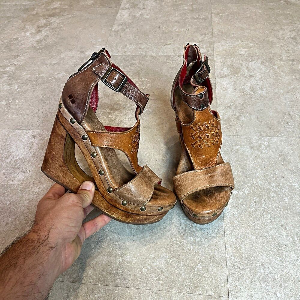Bed Stu Women's Brown Leather Studded Wedge Sandals US 8